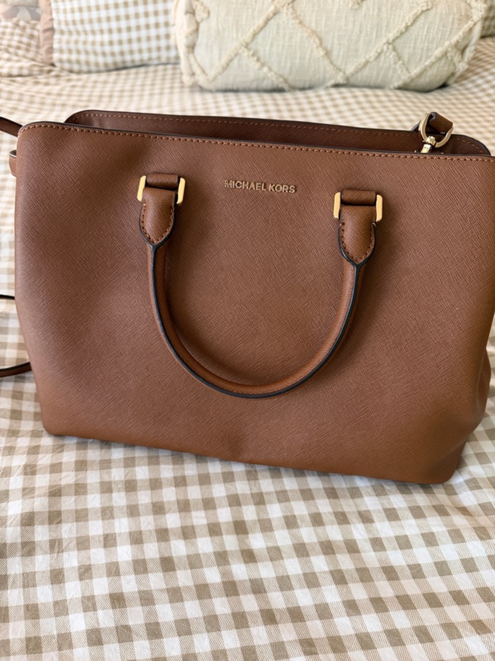 Michael Kors Chestnut Saffiano Leather Satchel with Gold Hardware